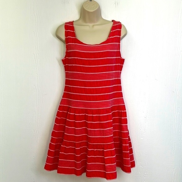 Max Edition - Coral White Stripe Drop Waist Sleeveless Midi Dress Size Medium - Picture 1 of 11